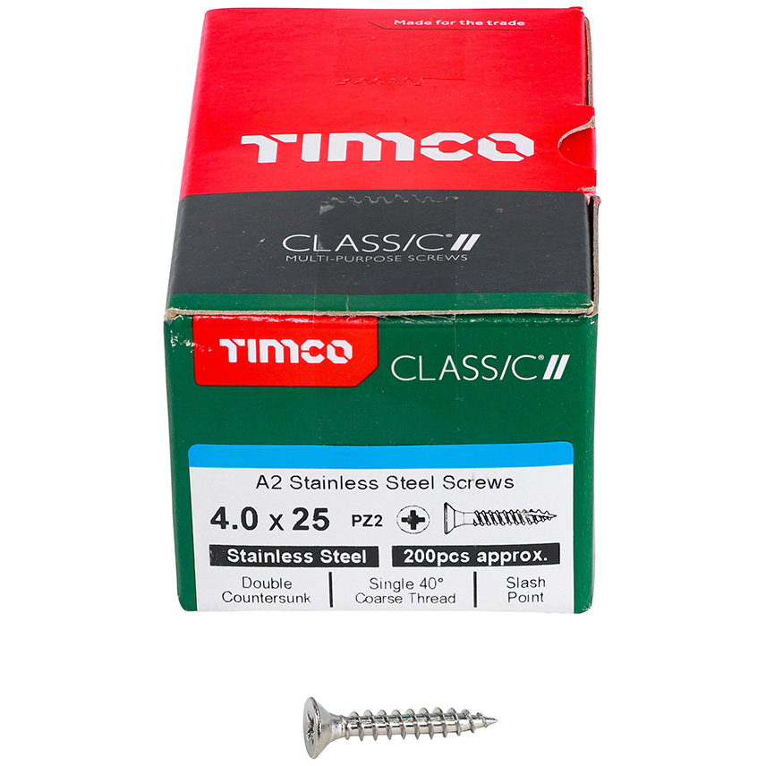 4.0mm x 25mm Classic Screw PZ2 CSK - A2 S/S (Box of 200) 40025CLASS Timco