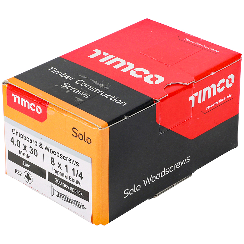 4.0mm x 30mm Solo Woodscrew PZ2 CSK - BZP (Box of 200) 40030SOLOZ Timco