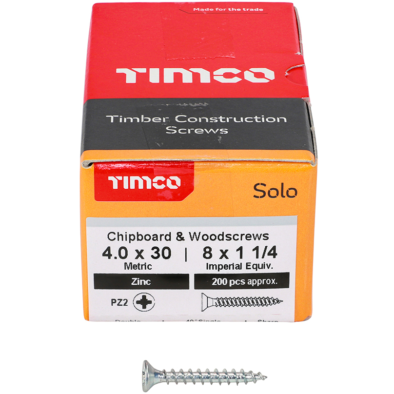 4.0mm x 30mm Solo Woodscrew PZ2 CSK - BZP (Box of 200) 40030SOLOZ Timco