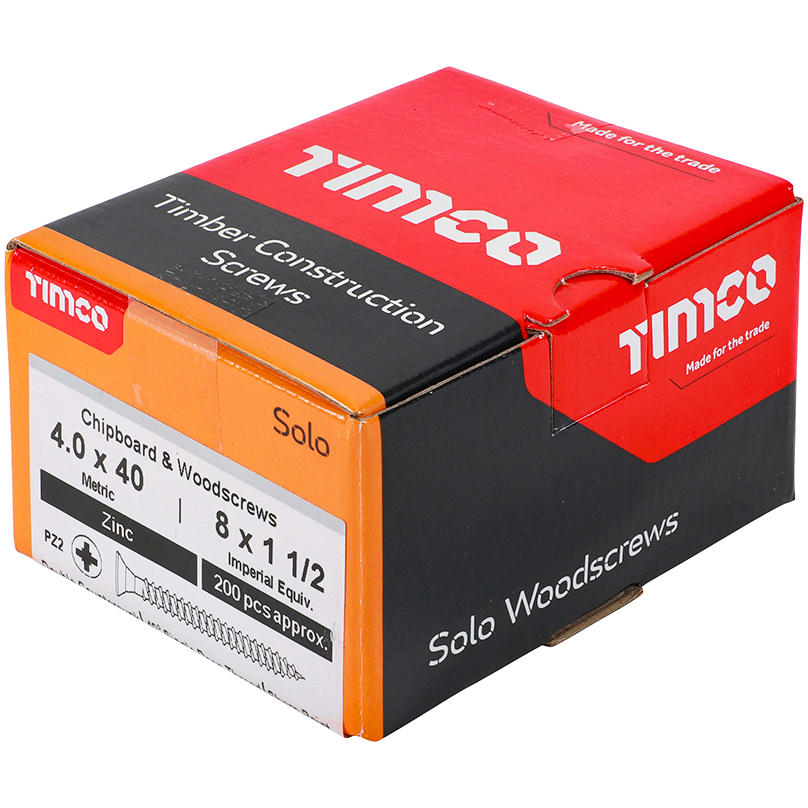 4.0mm x 40mm Solo Woodscrew PZ2 CSK - BZP (Box of 200) 40040SOLOZ Timco