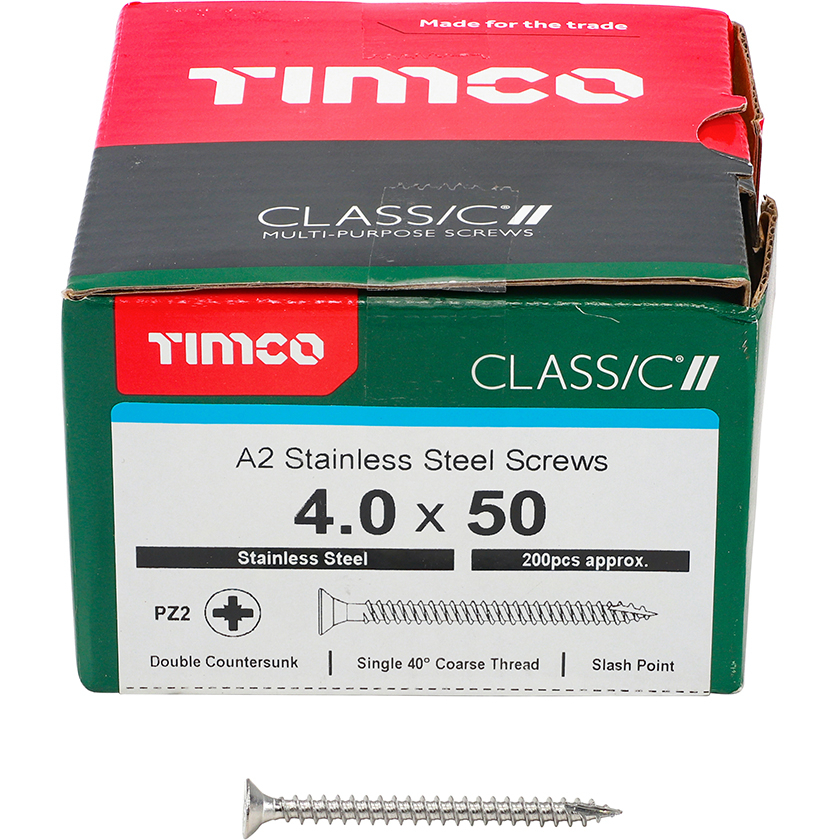4.0mm x 50mm Classic Screw PZ2 CSK - A2 S/S (Box of 200) 40050CLASS Timco