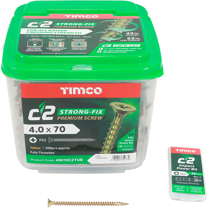 4.0 x 70 C2 Multipurpose Premium Screws PZ2 Tub 500 TIMco