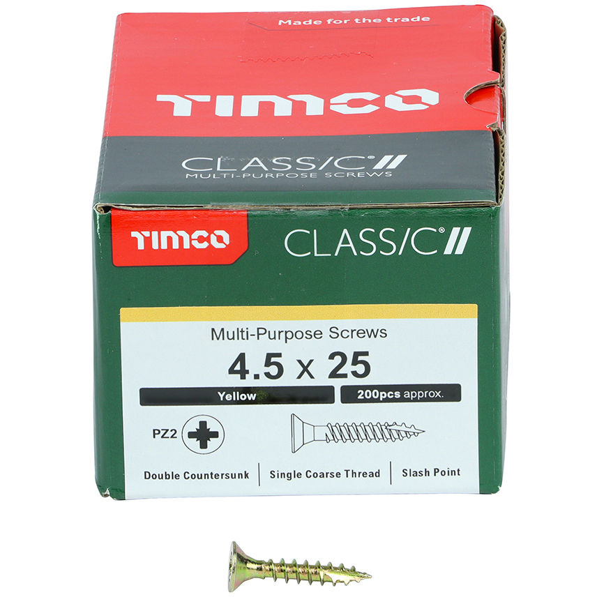 4.5mm x 25mm Classic Screw PZ2 CSK - ZYP (Box of 200) 45025CLAF Timco