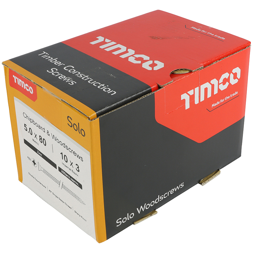 5.0mm x 80mm Solo Woodscrew PZ2 CSK - BZP (Box of 200) 50080SOLOZ Timco