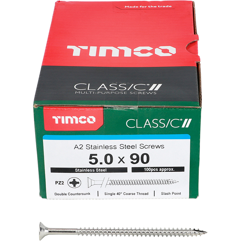 5.0mm x 90mm Classic Screw PZ2 CSK - A2 S/S (Box of 100) 50090CLASS Timco