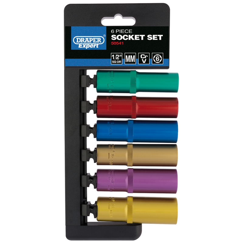 Draper 50541 H6M/6PT/C/E 1/2" Drive Metric Coloured Set of Deep Sockets (10 Piece)