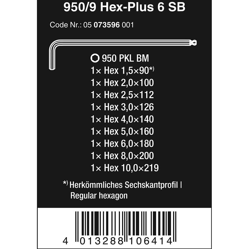 Wera 05073596001 950/9 Hex-Plus 6 SB L-key set, metric, BlackLaser, 9 pieces
