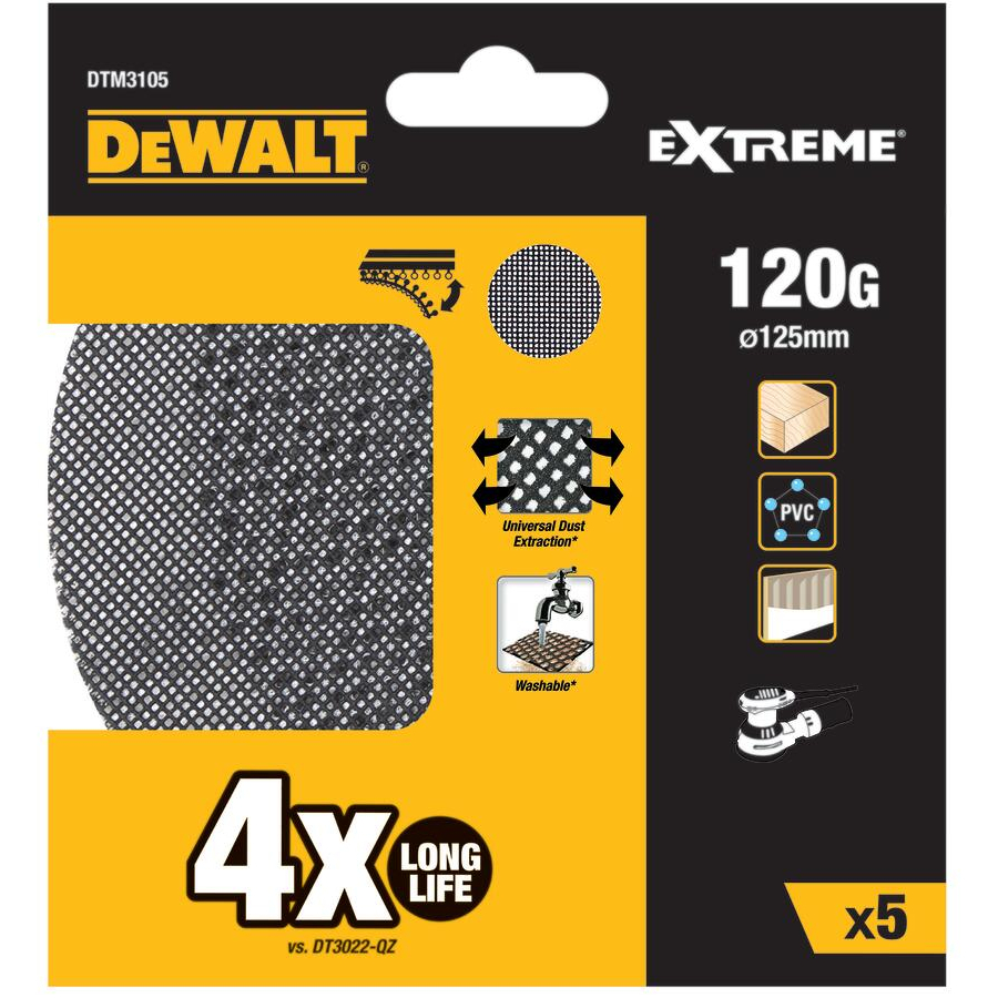 DeWalt DTM3115-QZ EXTREME Universal  Abrasive Mesh ROS Sheet 125mm Dia  120G Pack x 10