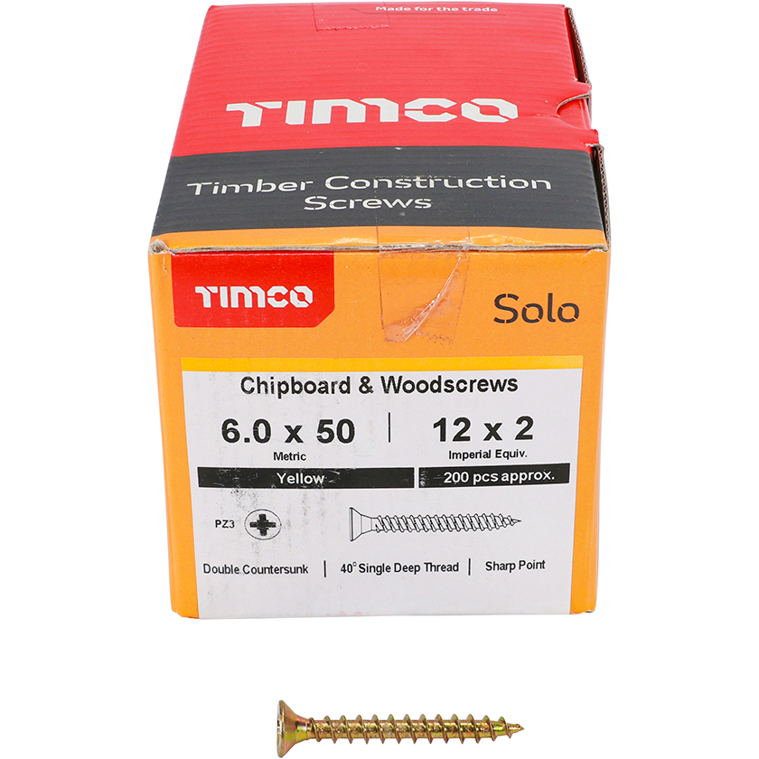 6.0mm x 50mm Solo Woodscrew PZ3 CSK - ZYP (Box of 200) 60050SOLOC Timco