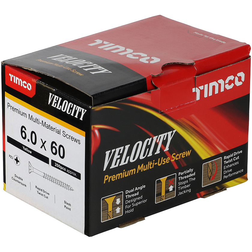6.0mm x 60mm Velocity Screw PZ3 CSK - ZYP (Box of 200) 60060VY Timco