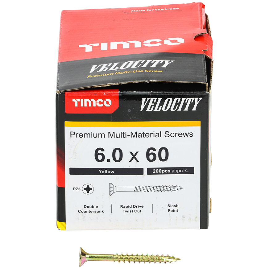 6.0mm x 60mm Velocity Screw PZ3 CSK - ZYP (Box of 200) 60060VY Timco