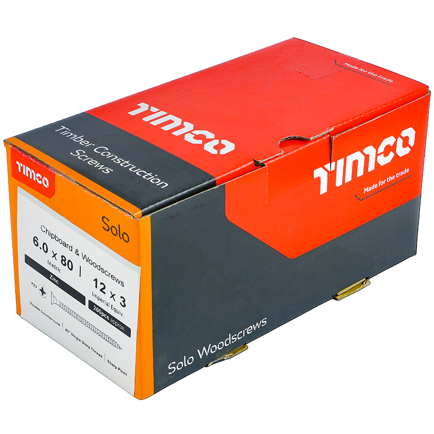 6.0mm x 80mm Solo Woodscrew PZ3 CSK - BZP (Box of 200) 60080SOLOZ Timco