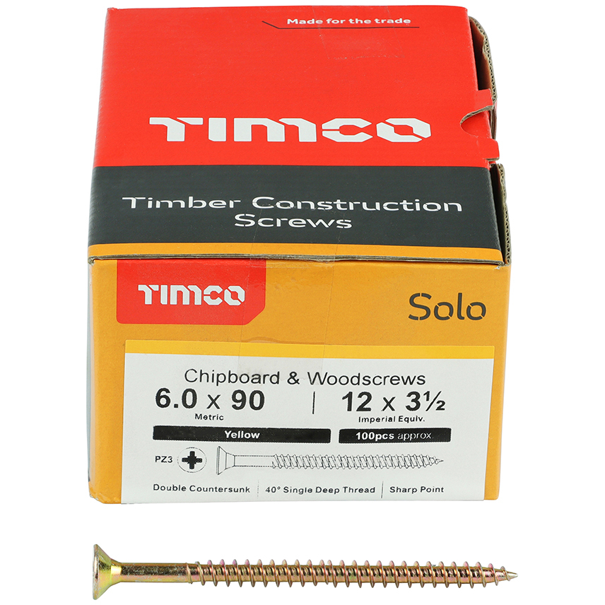 6.0mm x 90mm Solo Woodscrew PZ3 CSK - ZYP (Box of 100) 60090SOLOC Timco