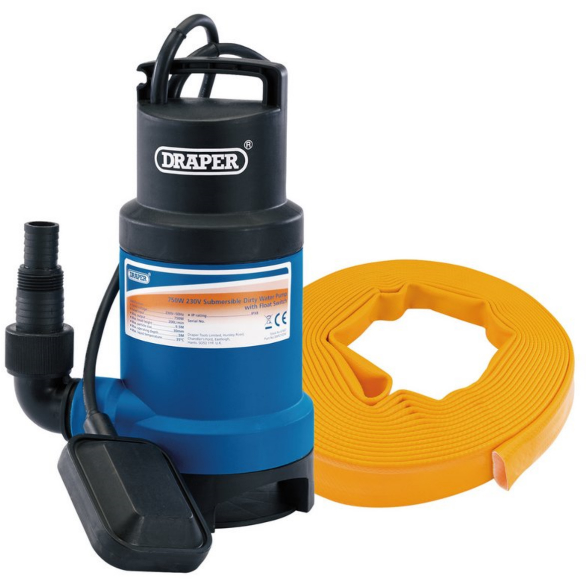 Draper 61814 PTK/SUB1 Submersible Dirty Water Pump Kit with Layflat Hose and Adaptor 200L/Min 10m X 25mm 350W