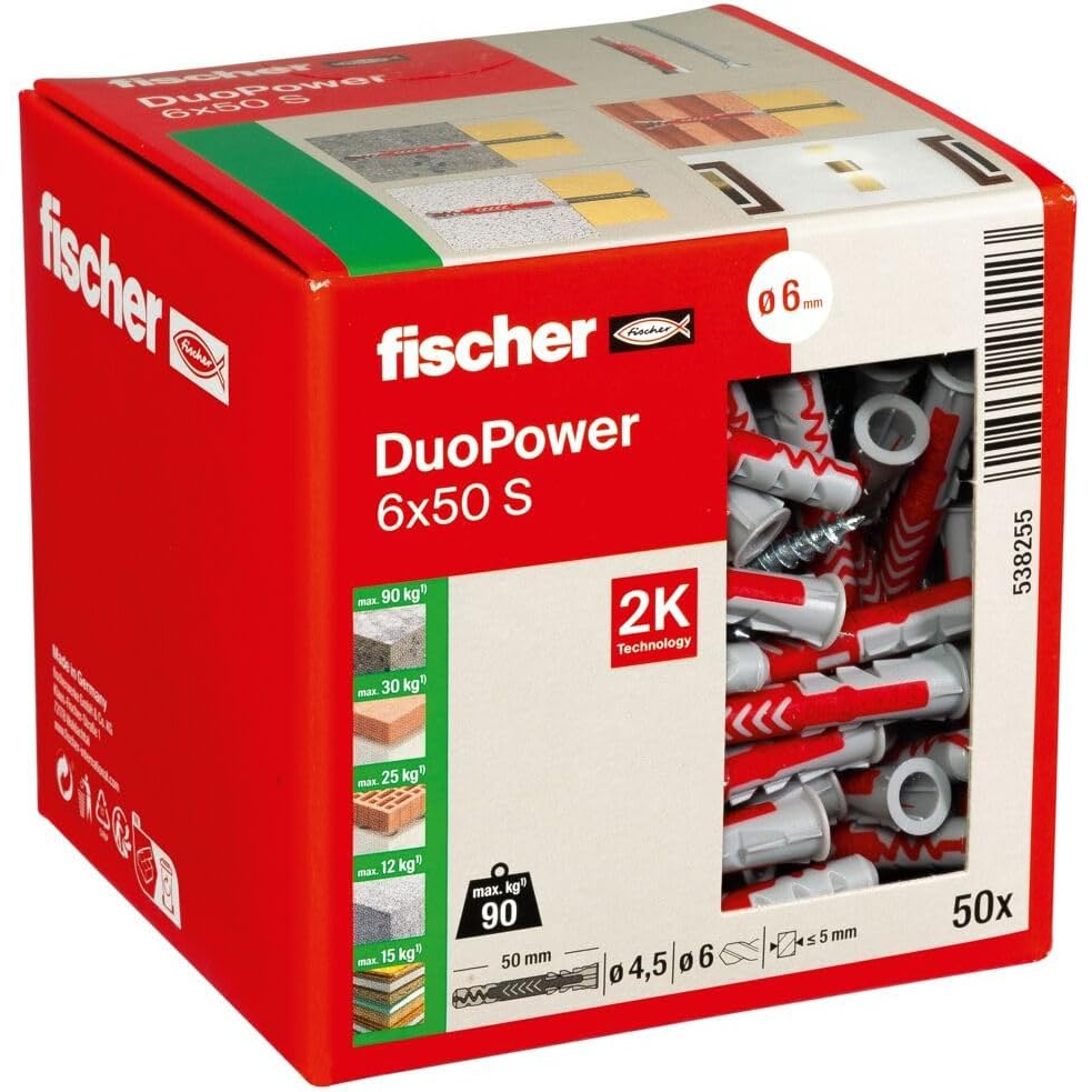 Fischer 538255 Duopower Nylon High Performance Plug 6 x 50 S With Screw Pack x 50
