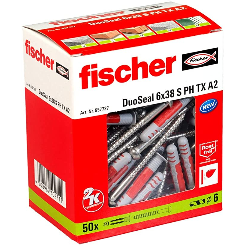 Fischer 557727 DuoSeal Wall Plugs 6mm x 38mm S PH TX A2 (Pack 50 with 50 Panhead sealing Screws)