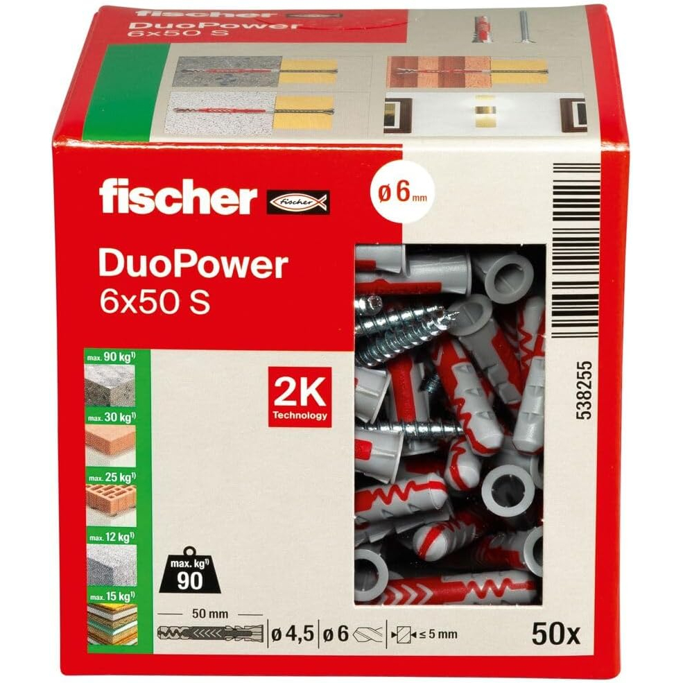 Fischer 538255 Duopower Nylon High Performance Plug 6 x 50 S With Screw Pack x 50