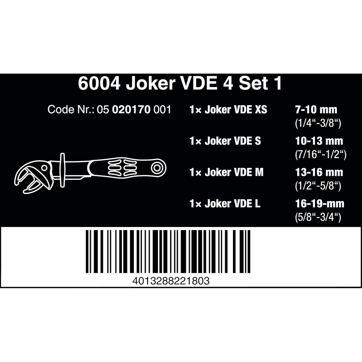 Wera 05020170001 6004 Joker VDE 4 Set 1 VDE-Insulated Self-Setting Spanner Set, 4 pieces