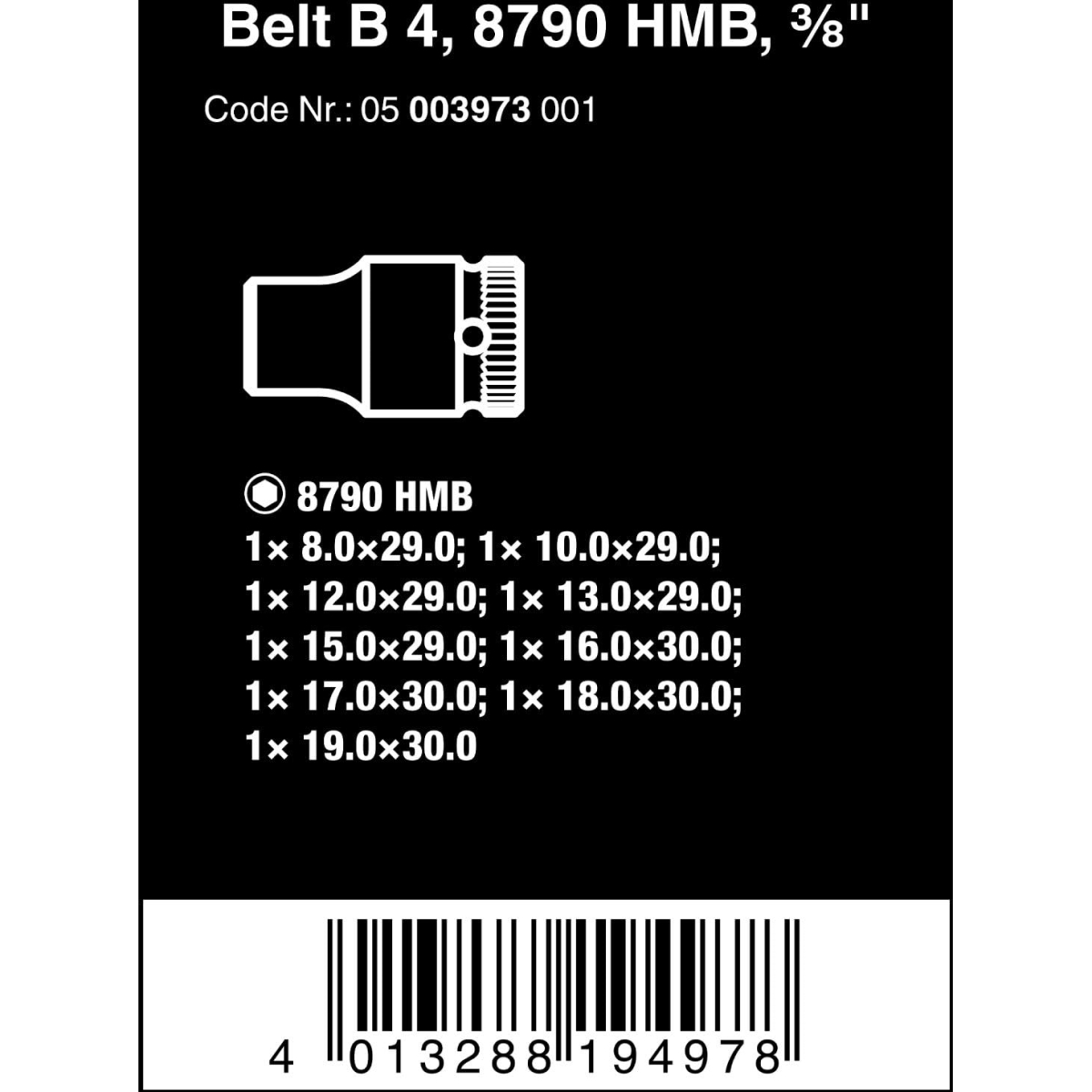 Wera 05003973001 Belt B 4 Zyklop Socket Set, 3/8" Drive, 9 Pieces