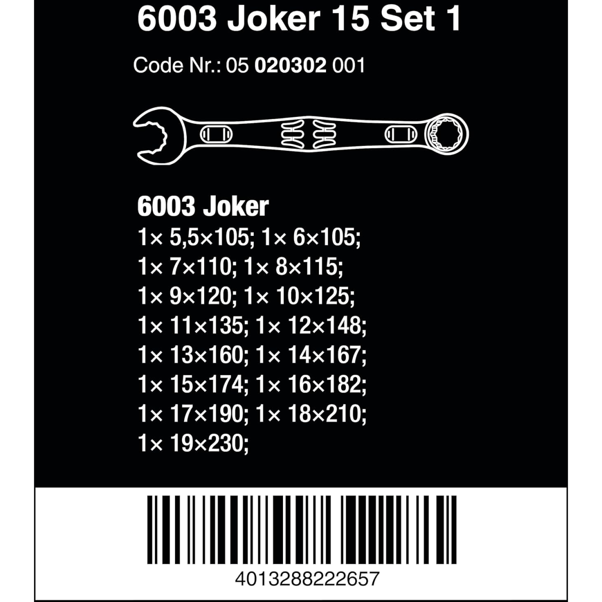Wera 05020302001 6003 Joker 15 Set 1 Combination Wrench Set, 15 pieces