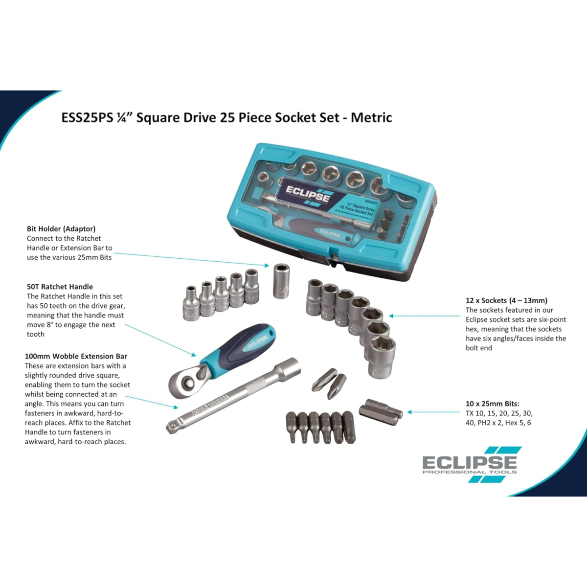 Eclipse ESS25PS Professional Tools ¼'' 25pcs Square Drive Socket Set (Metric)