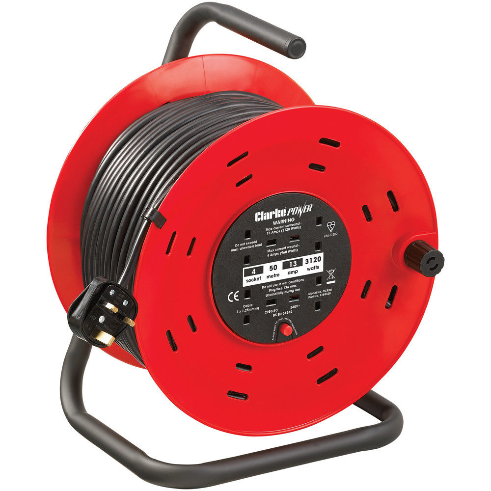 Clarke 6155328 CCR50 4 Socket 50m Cable Reel With Thermal Cut Out 230V