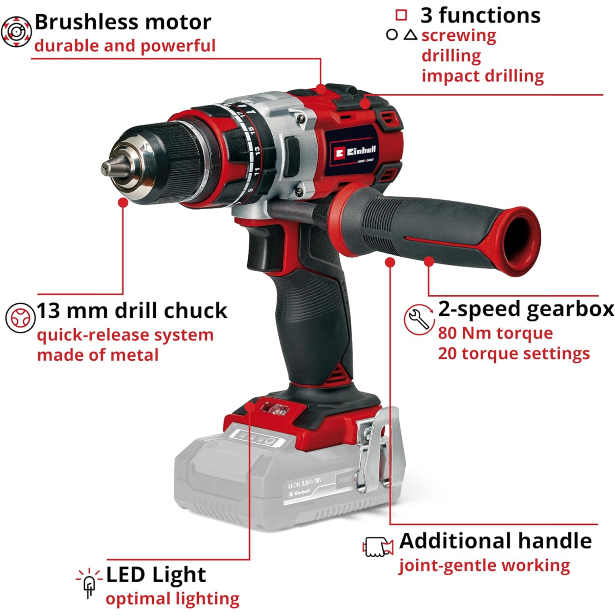 Einhell 4514305 Body Only TP-CD 18/60 Li-i BL 18V Brushless Power X-Change 80Nm Cordless Impact Drill 