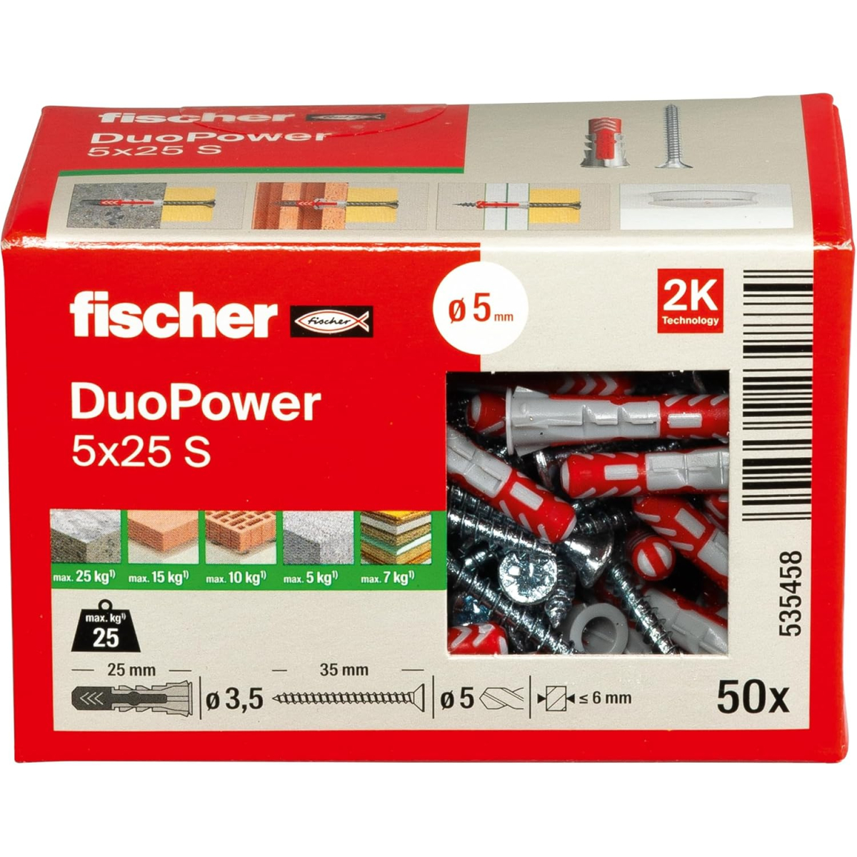 Fischer 535458 DuoPower 5 x 25 S with screw Pack x 50