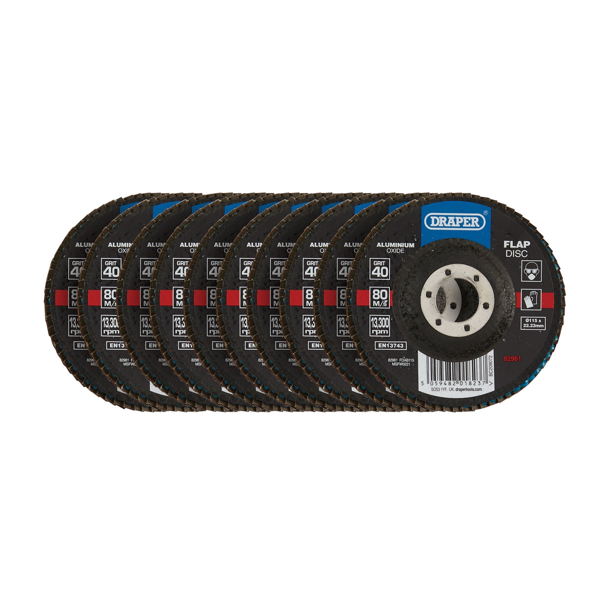 Draper 82961 FDAB115 Aluminium Oxide Flap Discs, 115 X 22.23mm, 40 Grit (Pack Of 10)