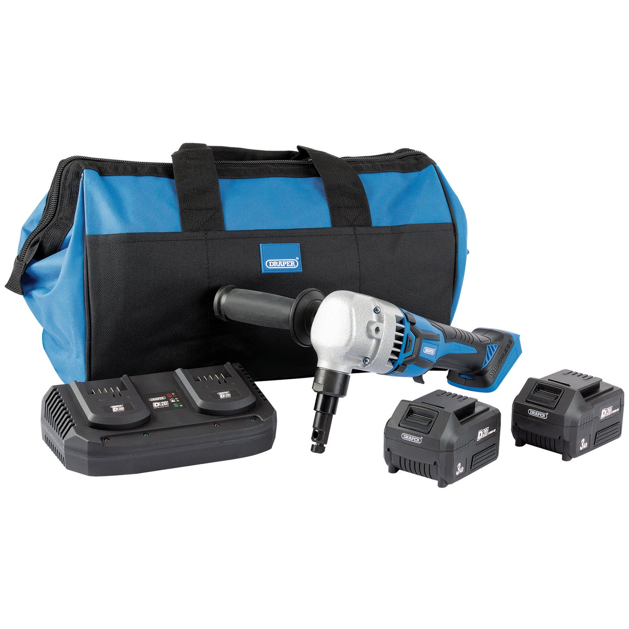 Draper 99736 PTKD20K9 D20 20 V Brushless Nibbler Kit (+2 X 3 Ah Batteries, Twin Charger And Bag)
