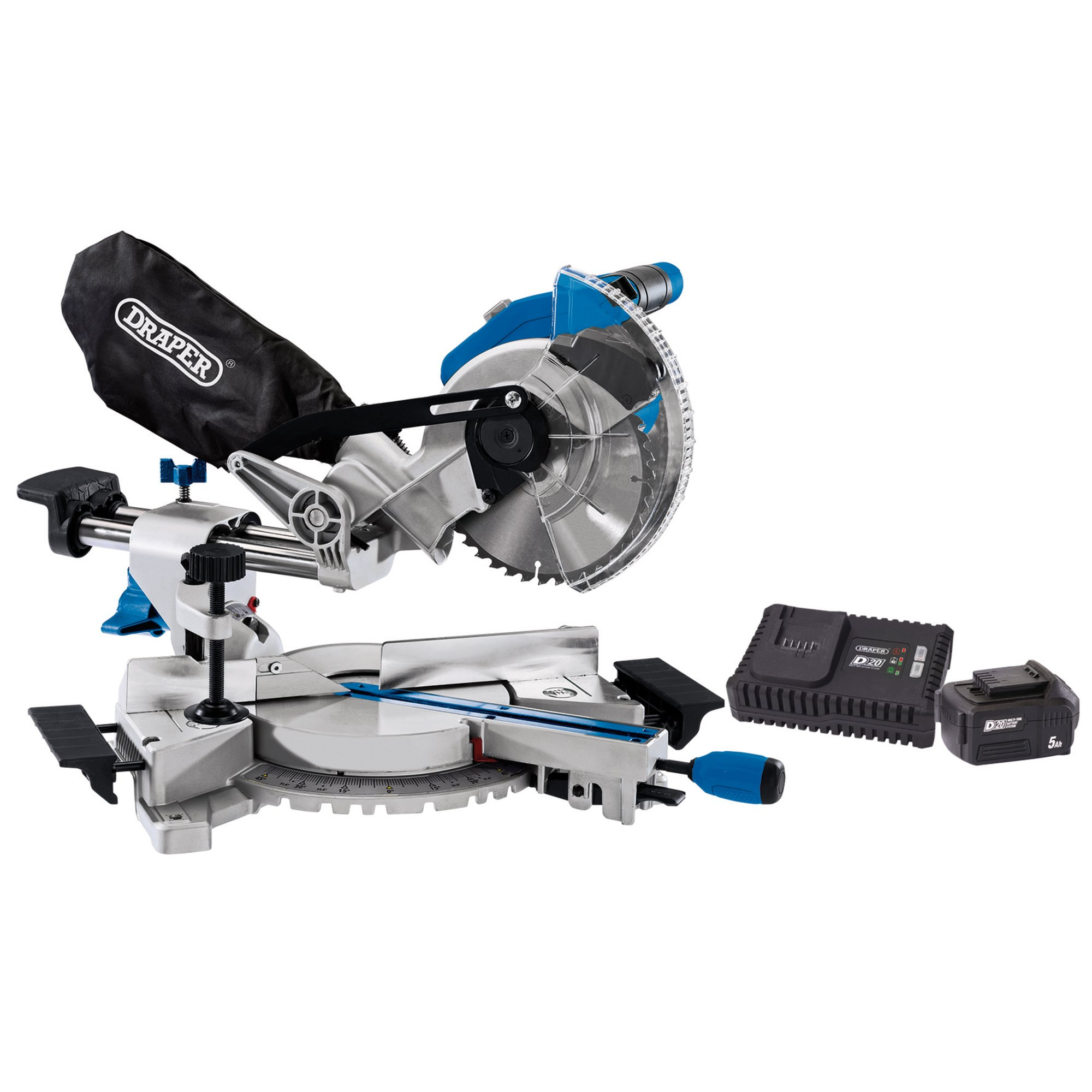 Draper 99970 PTKCPKIT2A D20 20 V Brushless Sliding Compound Mitre Saw, 185mm, 1 X 5.0 Ah Battery, 1 X Twin Charger