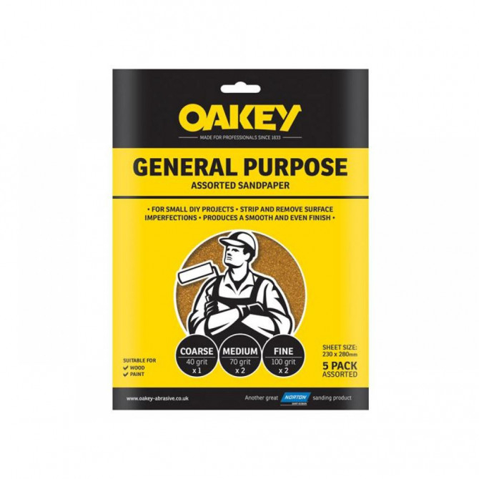 Oakey OAK58290 Glasspaper Sanding Sheets 230 x 280mm Course/Extra Coarse 40G  Pack x 5