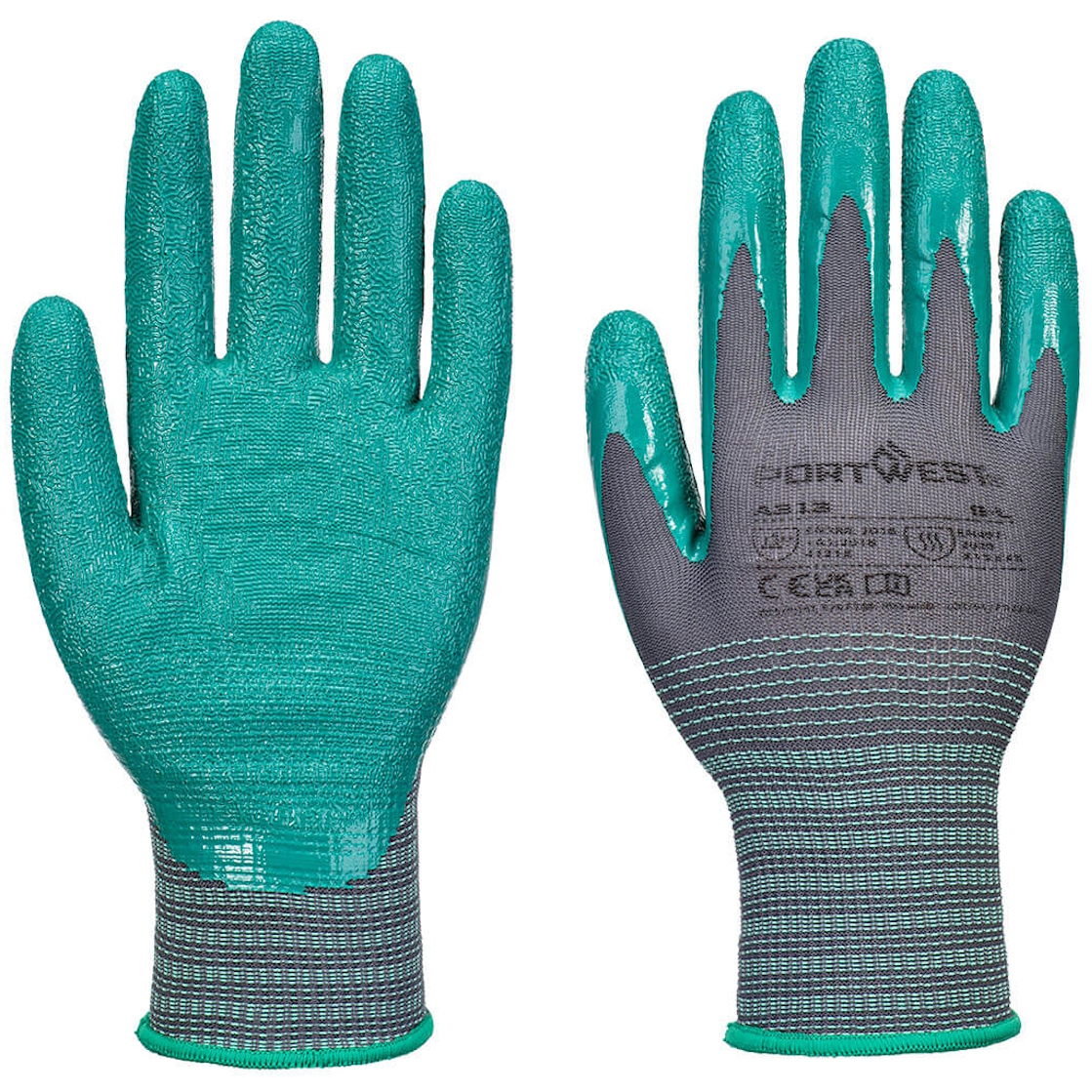 Portwest A313 Grip 15 Grey/Green Nitrile Crinkle Glove - Pack of 12 - 4142X