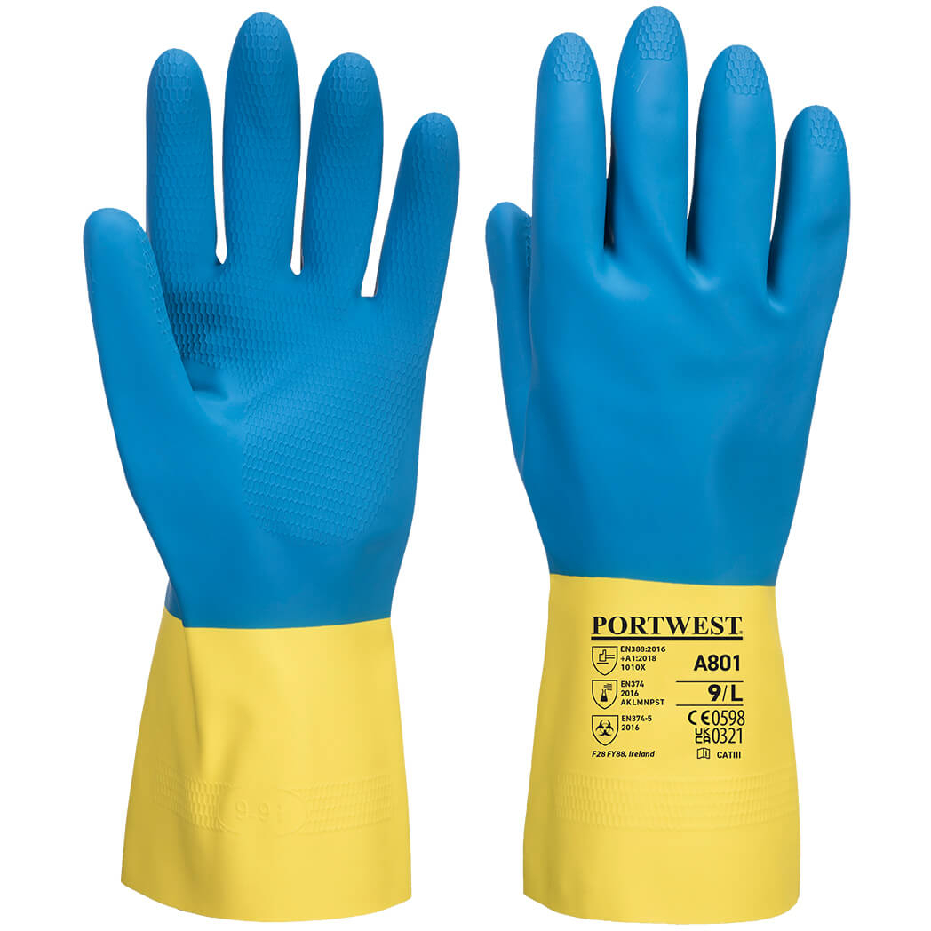 Portwest A801 Chem 300 Latex Double Dipped Yellow/Blue Gauntlet - Pack of 12 Pairs