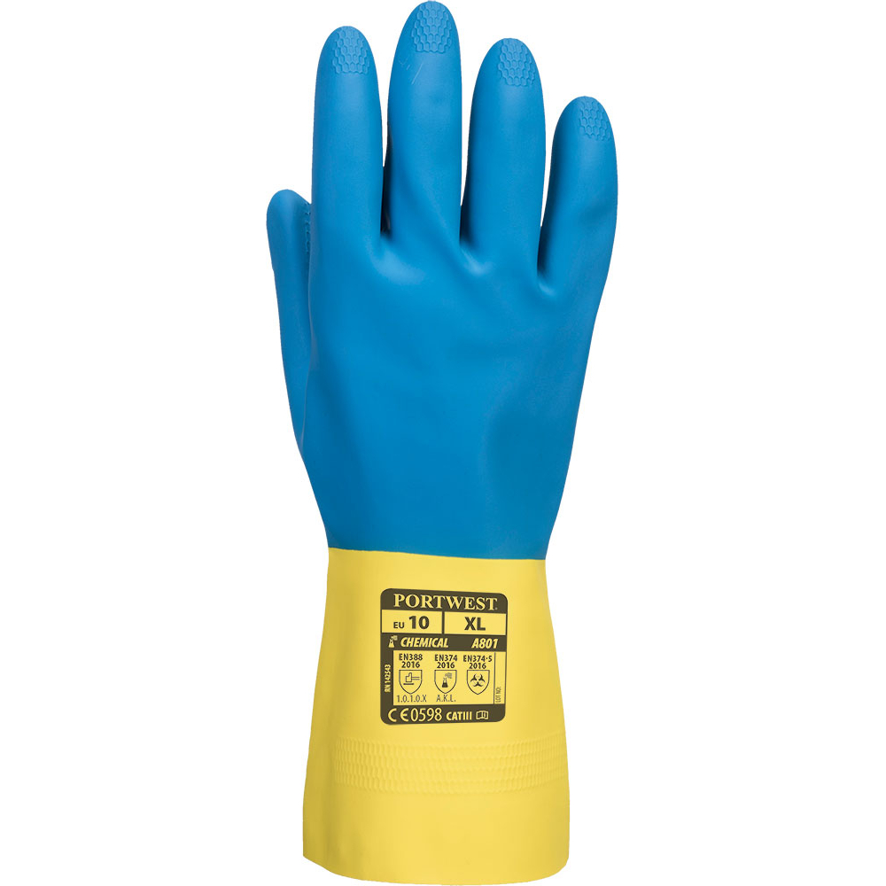 Portwest A801 Chem 300 Latex Double Dipped Yellow/Blue Gauntlet - Pack of 12 Pairs