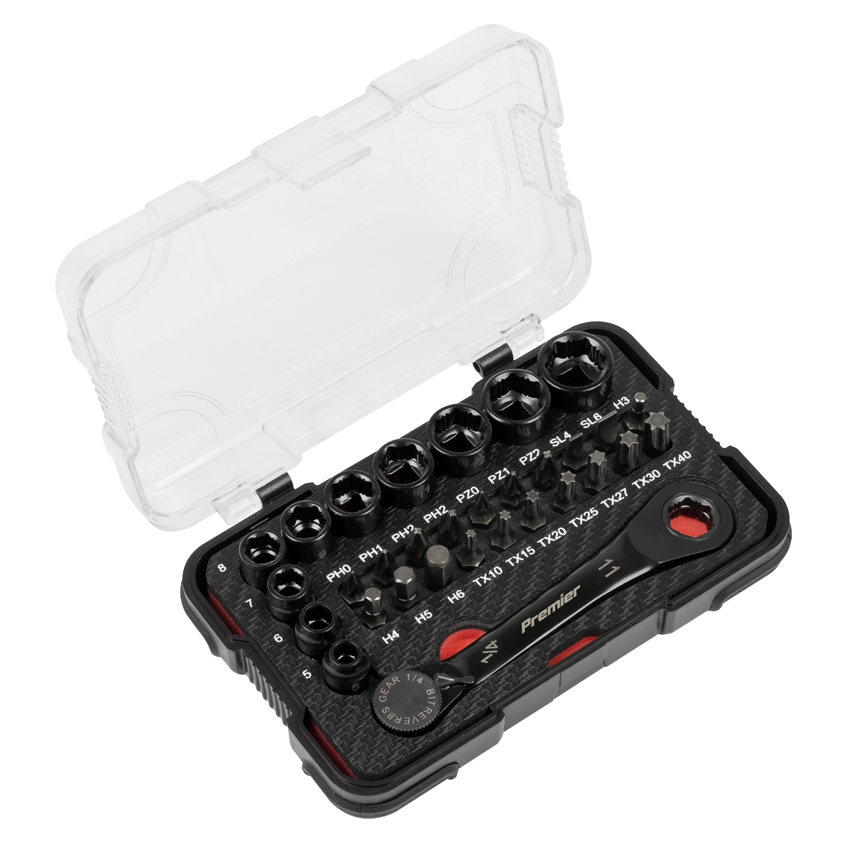 Sealey AK2112 Premier Black Go-Through Lock-On&trade; Low Profile Socket & Bit Set 1/4"Sq Drive 31pc