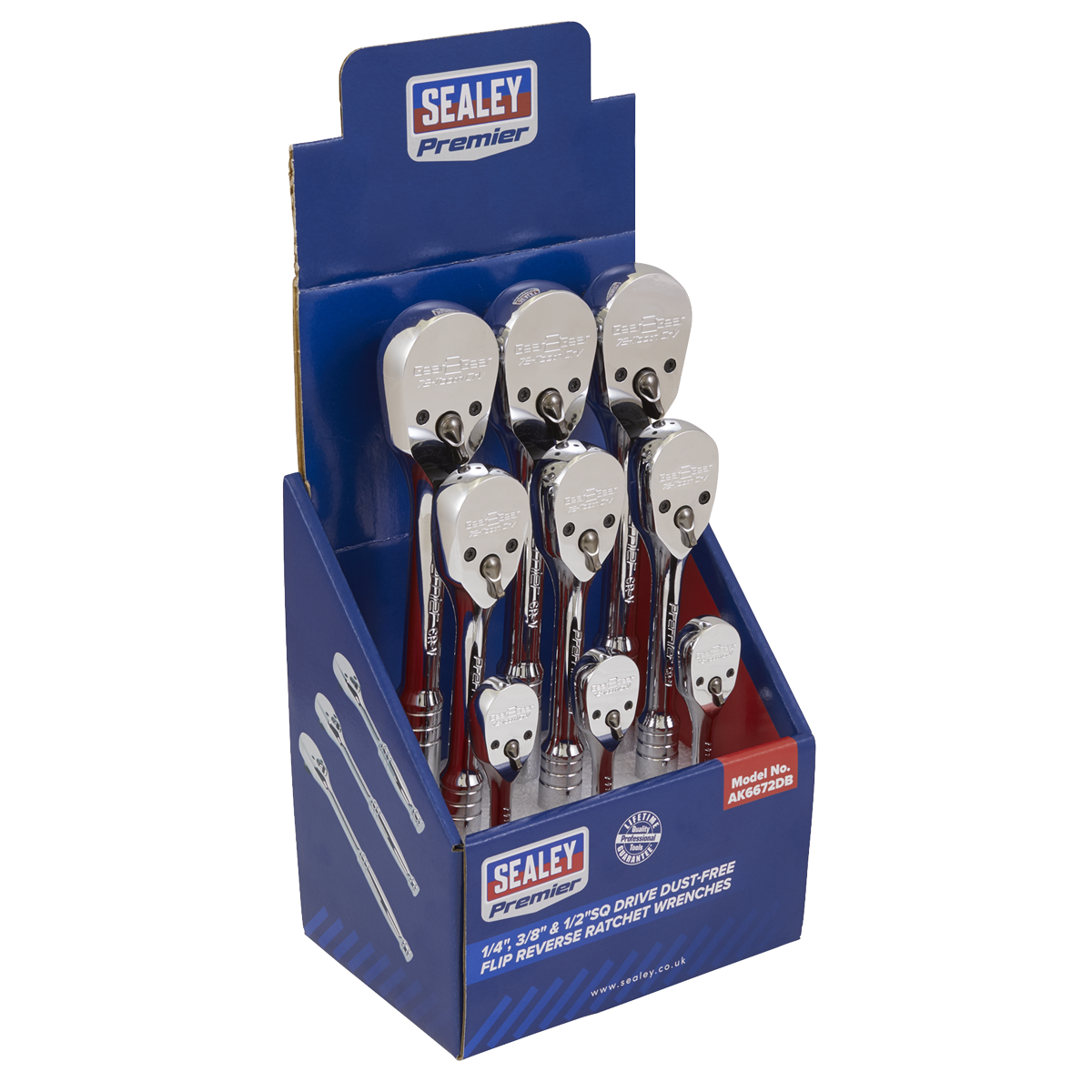 Sealey AK6672DB Ratchet Wrenches 1/4", 3/8" & 1/2"Sq Drive Pear-Head Flip Reverse Display Box of 9