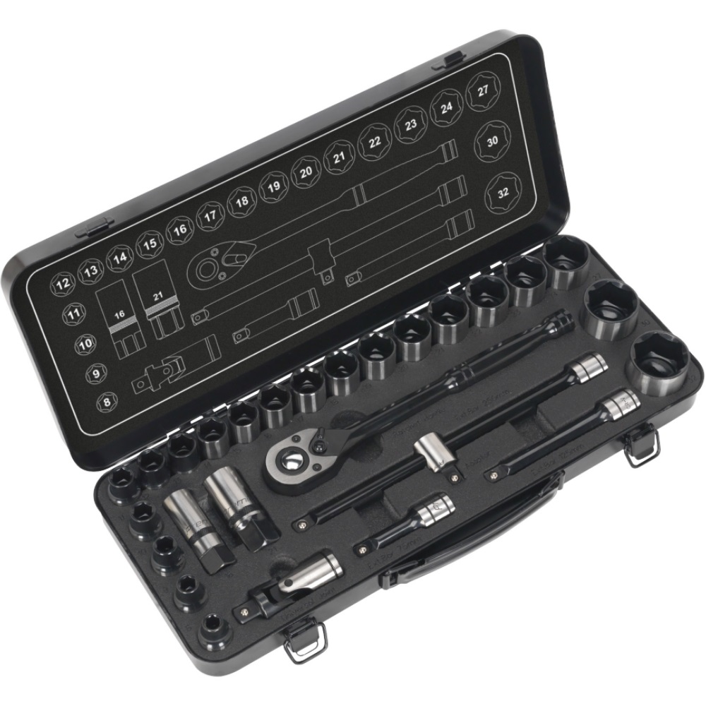 Sealey AK7972 Socket Set 28 Piece 1/2" Drive 6 Point WallDrive® Metric Black Series
