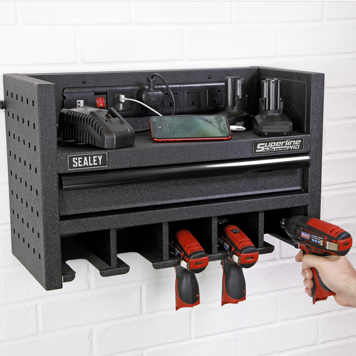 Sealey AP22SRBE Power Tool Storage Rack 560mm with Drawer and Power Strip