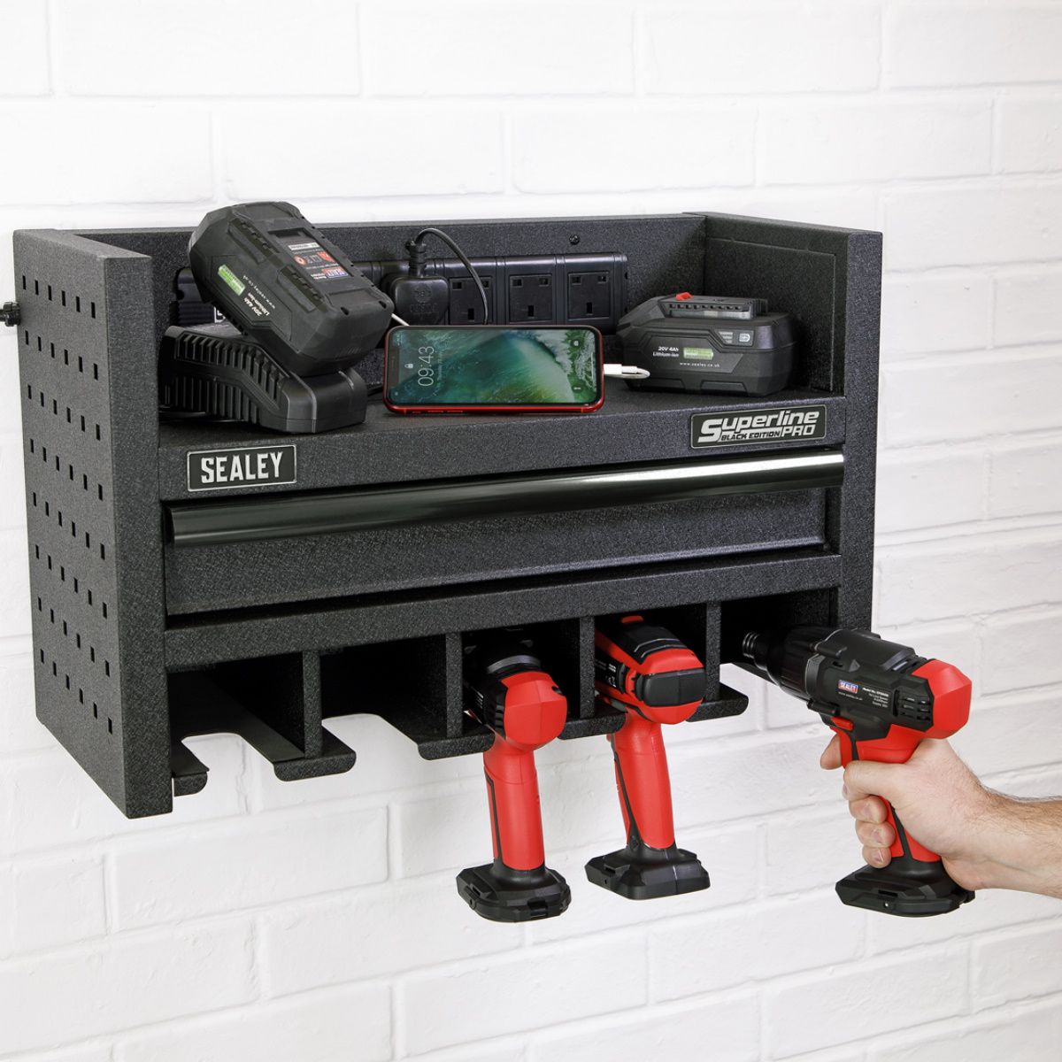 Sealey AP22SRBE Power Tool Storage Rack 560mm with Drawer and Power Strip