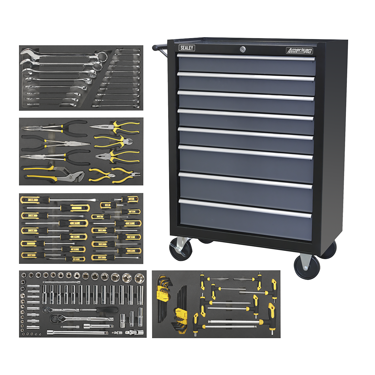 Sealey AP35TBCOMBO3 Rollcab 8 Drawer Ball Bearing Slides - Black/Grey with 136pc Tool Kit