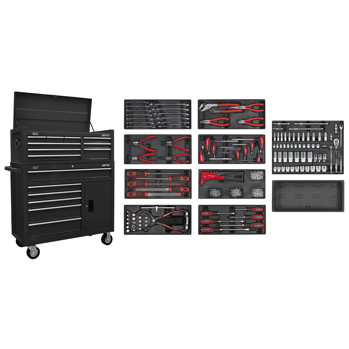 Sealey AP41STACKBCOMBO American PRO Topchest & Rollcab Combination 15 Drawer with 117pc Tool Kit - Black