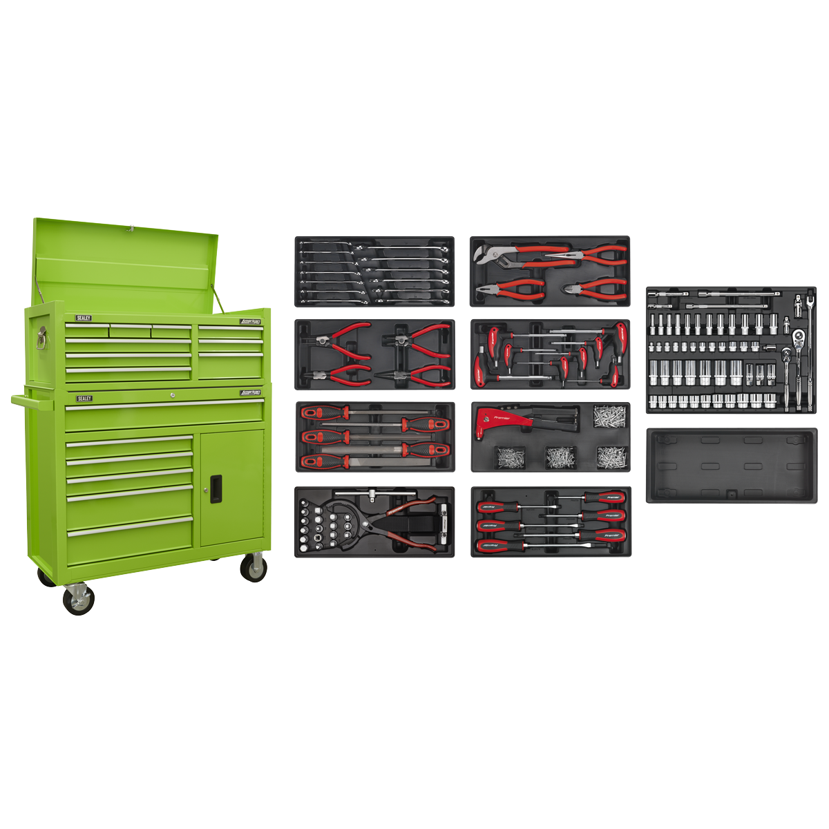 Sealey AP41STACKHVCOMBO American PRO Topchest & Rollcab Combination 15 Drawer with 117pc Tool Kit- Green
