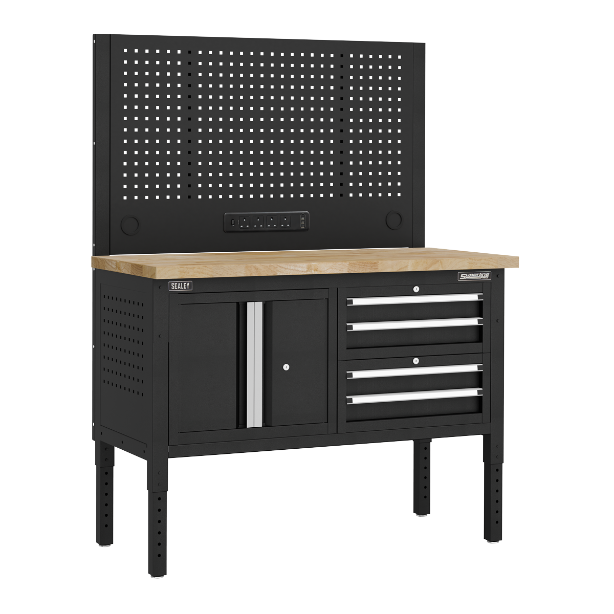 Sealey APMWB50COMBO1W Superline PRO Modular Workbench with 4 Drawers & Cupboard Wooden Worktop 1265mm
