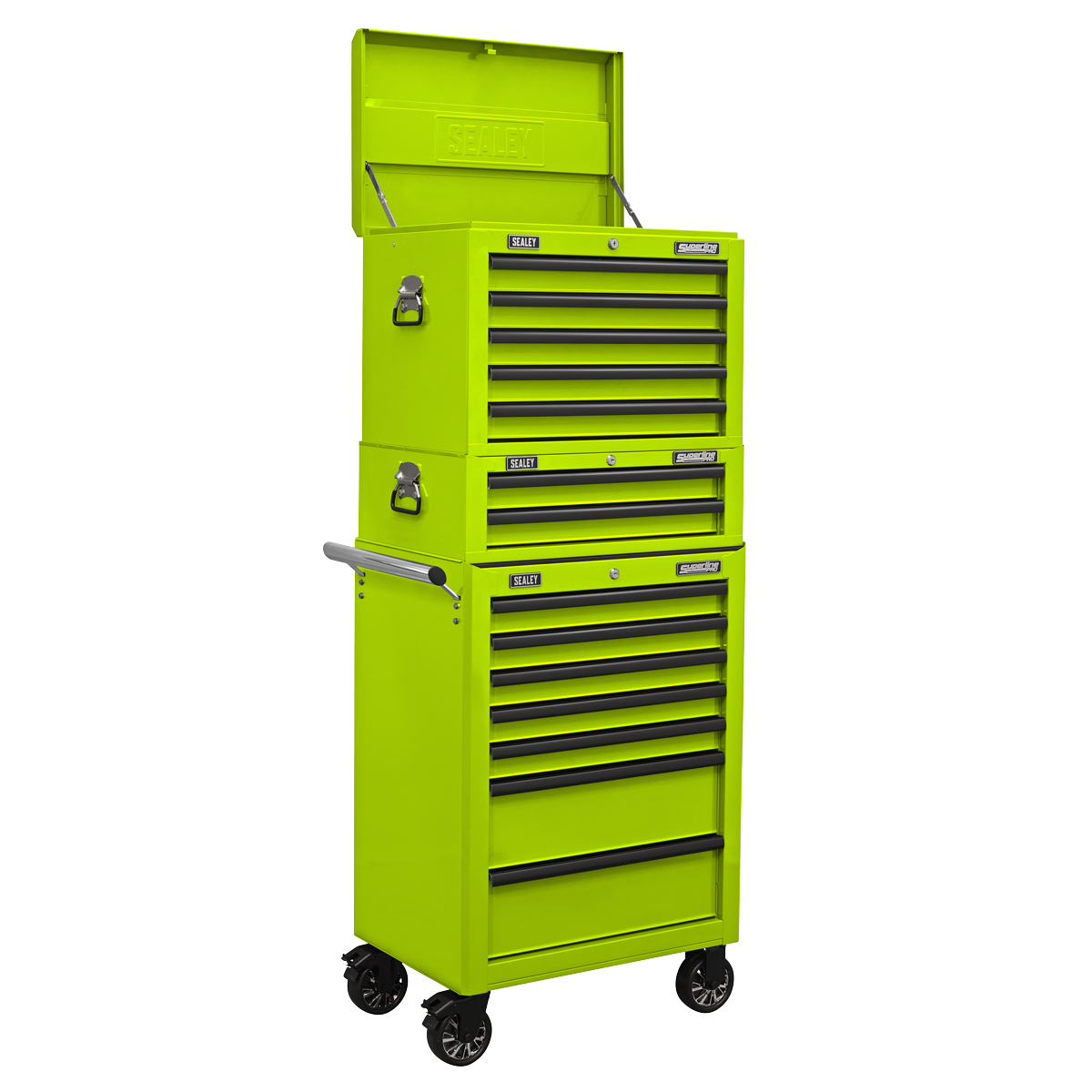 Sealey APSTACKTHV Topchest, Mid-Box Tool Chest & Rollcab Combination 14 Drawer with Ball-Bearing Slides - Green