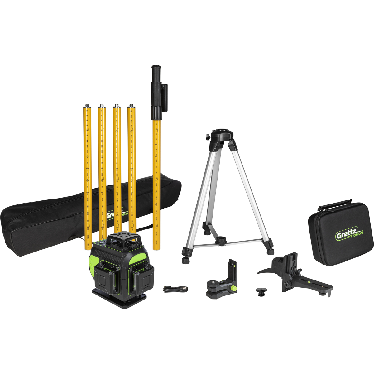 Grettz G4DKIT 4D Multi Line Green Beam Laser Level, USB Rechargeable with Tripod Pole