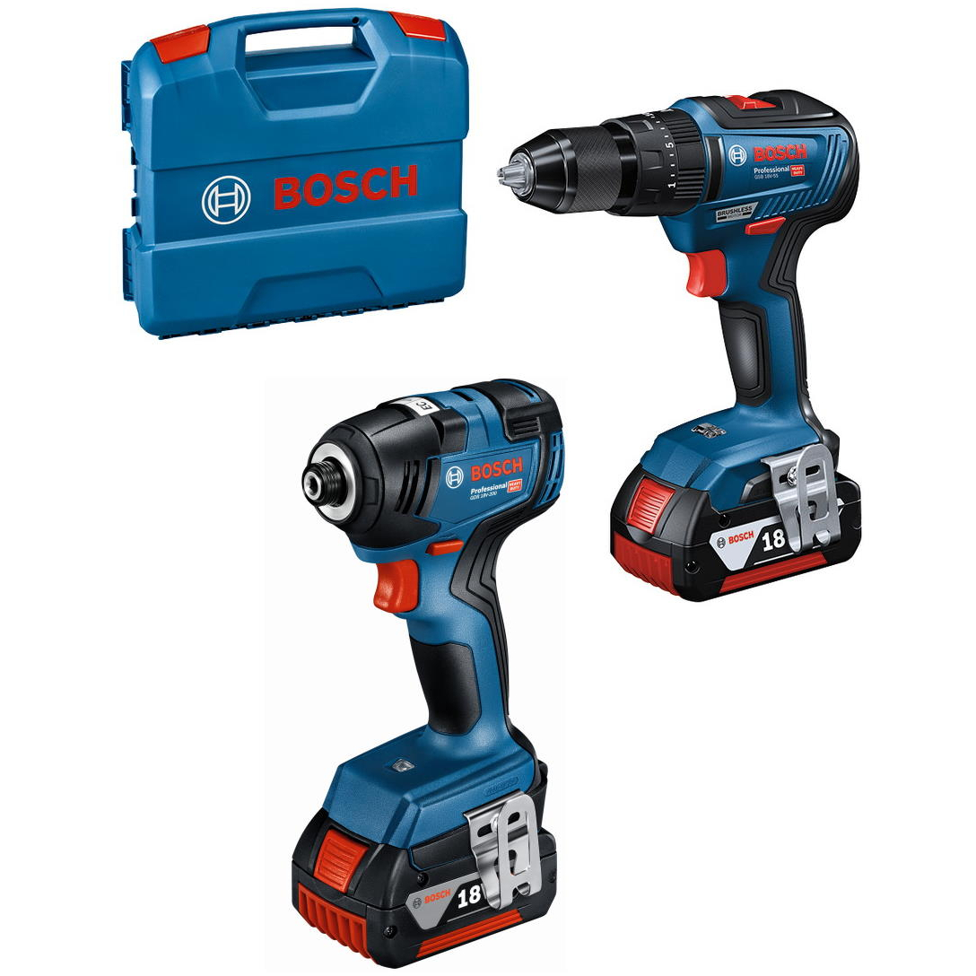 Bosch GSB18V-55 Combi Drill + GDR18V-200 Impact Driver 18V Brushless 2 x 4.0Ah Batteries Twin Pack in L Case