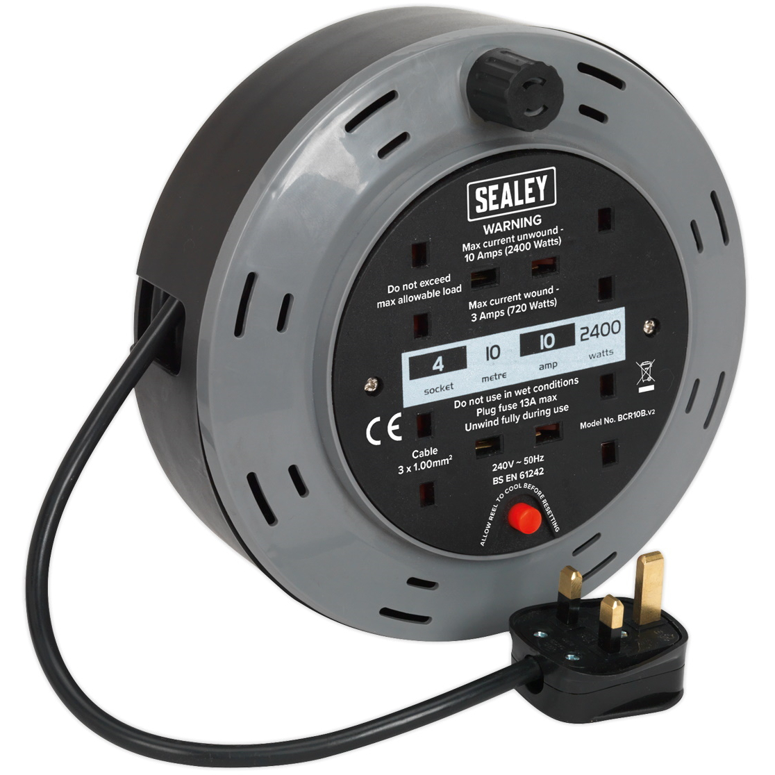 Sealey BCR10B Box Type Cable Reel 10mtr 4 x 230V