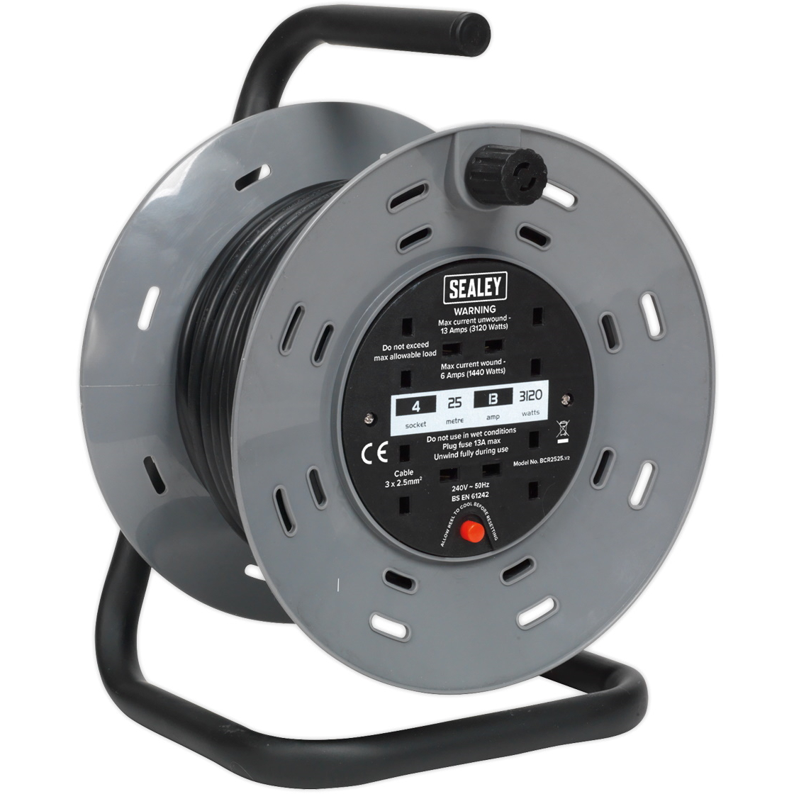 Sealey BCR2525 Cable Reel 25m 4 x 230V 2.5mm² Thermal Trip