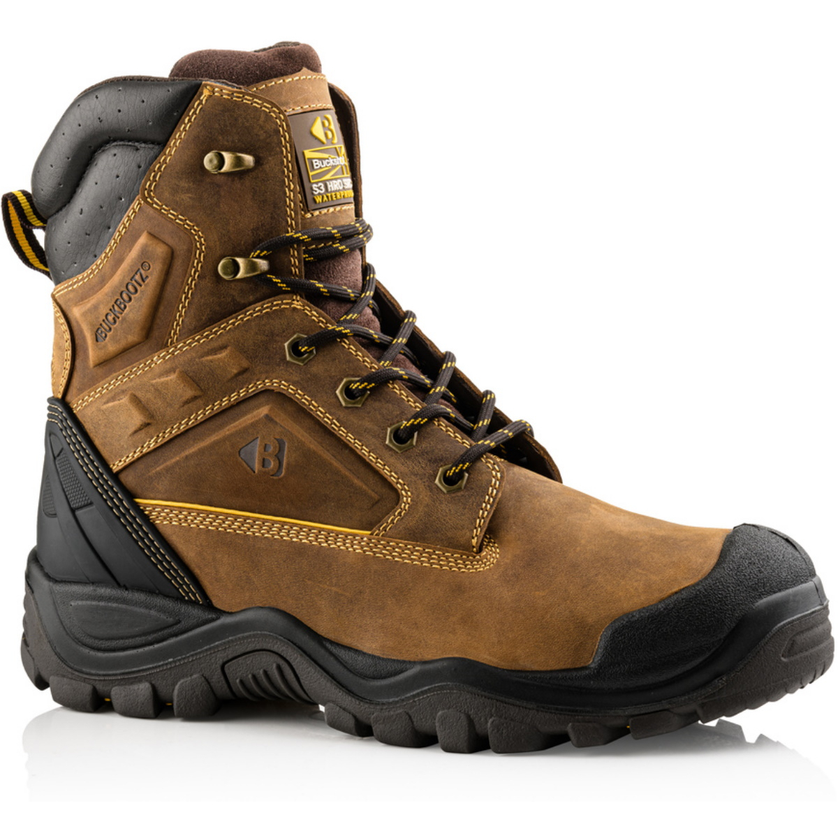 Buckbootz BSH011BR  High-Leg Safety Lace Brown Leather Boot  S3 HRO WRU SRC